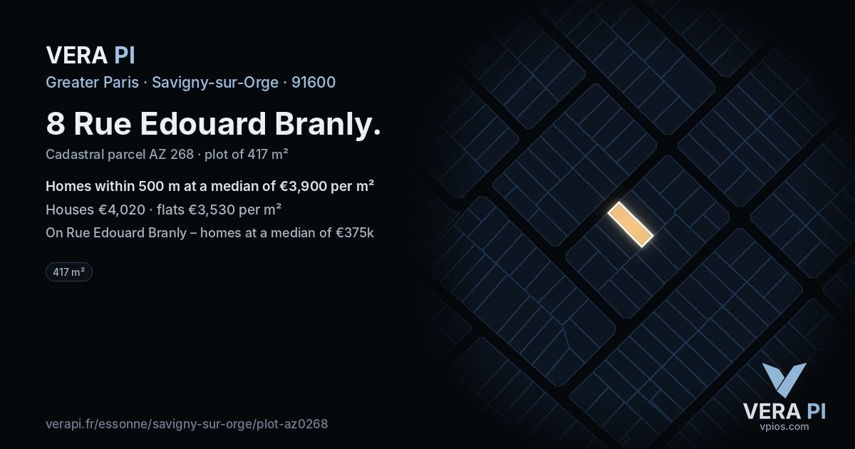 8 Rue Edouard Branly, Savigny-sur-Orge at night – the plot lit, the parcels around coloured by the prices near them