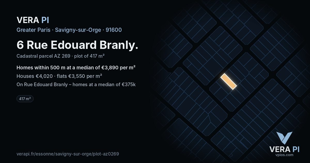 6 Rue Edouard Branly, Savigny-sur-Orge at night – the plot lit, the parcels around coloured by the prices near them