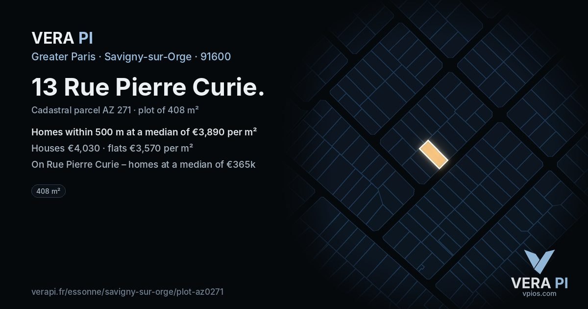 13 Rue Pierre Curie, Savigny-sur-Orge at night – the plot lit, the parcels around coloured by the prices near them