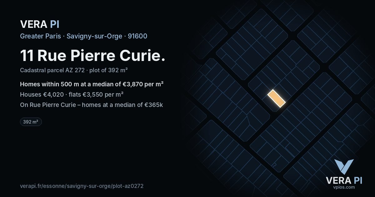 11 Rue Pierre Curie, Savigny-sur-Orge at night – the plot lit, the parcels around coloured by the prices near them