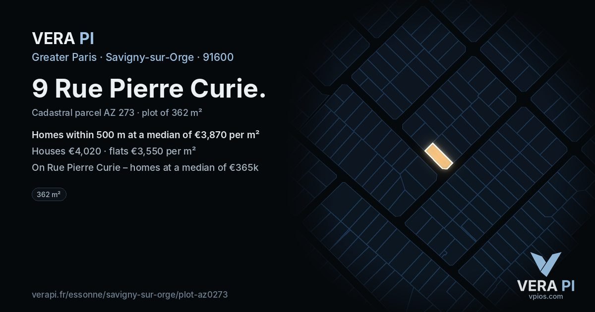 9 Rue Pierre Curie, Savigny-sur-Orge at night – the plot lit, the parcels around coloured by the prices near them