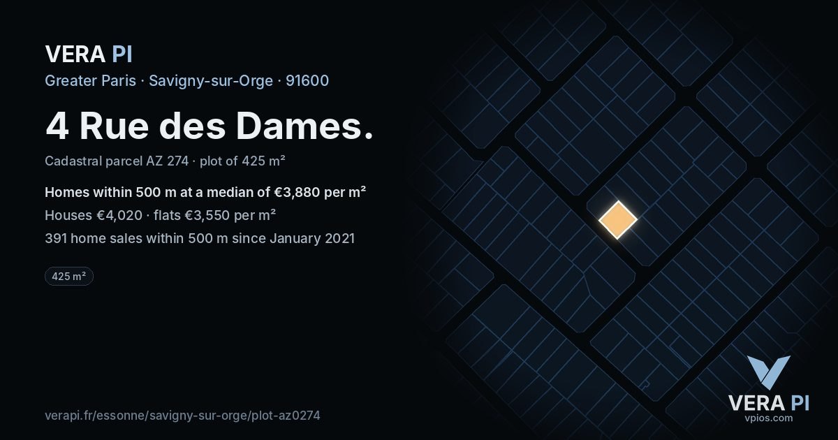 4 Rue des Dames, Savigny-sur-Orge at night – the plot lit, the parcels around coloured by the prices near them