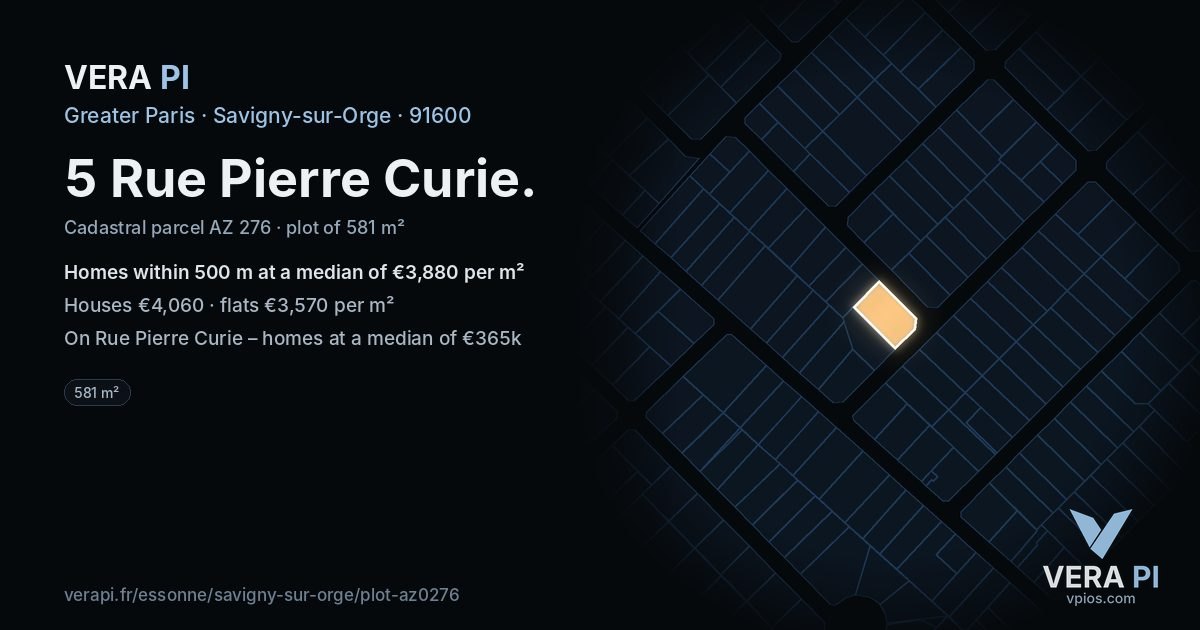 5 Rue Pierre Curie, Savigny-sur-Orge at night – the plot lit, the parcels around coloured by the prices near them