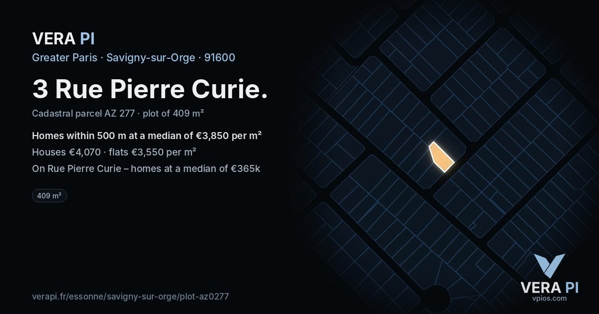 3 Rue Pierre Curie, Savigny-sur-Orge at night – the plot lit, the parcels around coloured by the prices near them