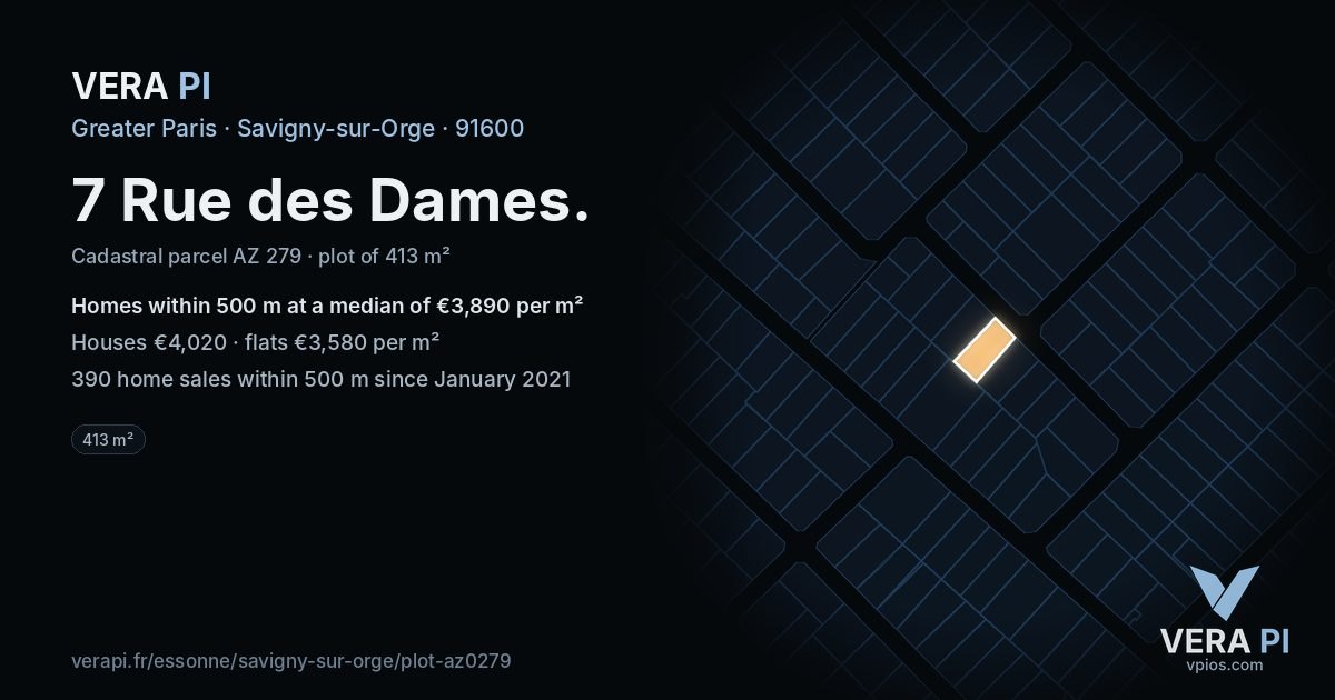 7 Rue des Dames, Savigny-sur-Orge at night – the plot lit, the parcels around coloured by the prices near them