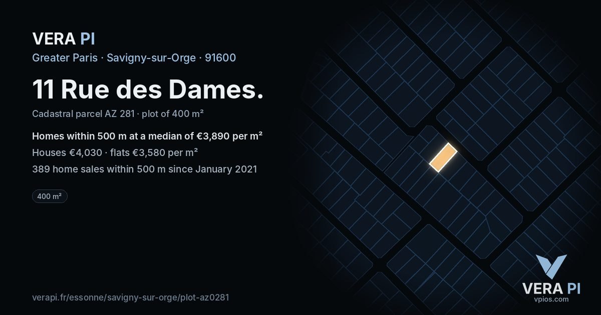 11 Rue des Dames, Savigny-sur-Orge at night – the plot lit, the parcels around coloured by the prices near them
