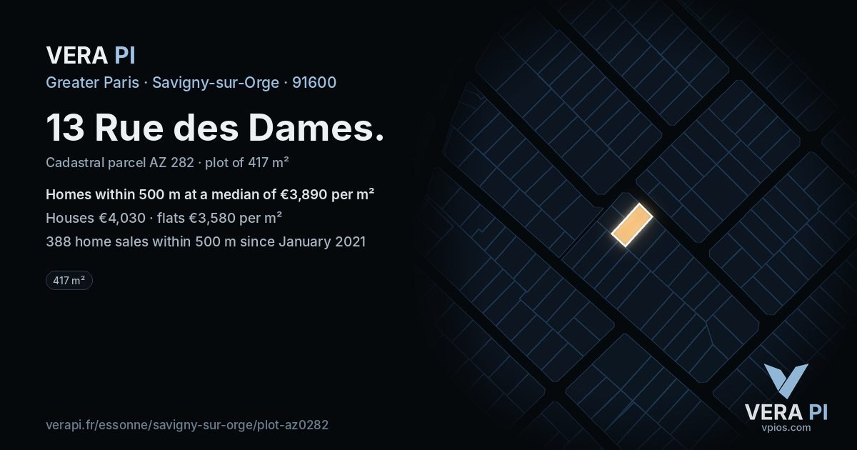 13 Rue des Dames, Savigny-sur-Orge at night – the plot lit, the parcels around coloured by the prices near them