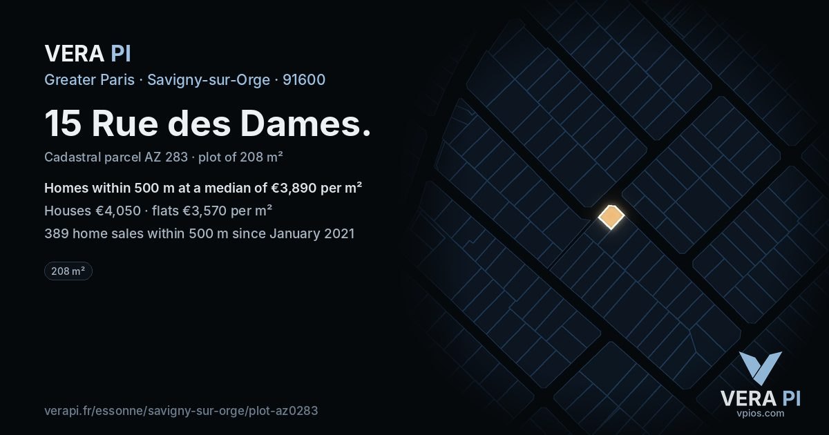 15 Rue des Dames, Savigny-sur-Orge at night – the plot lit, the parcels around coloured by the prices near them
