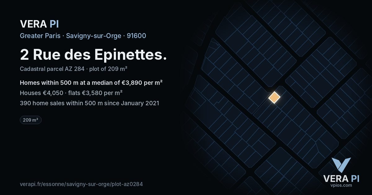 2 Rue des Epinettes, Savigny-sur-Orge at night – the plot lit, the parcels around coloured by the prices near them