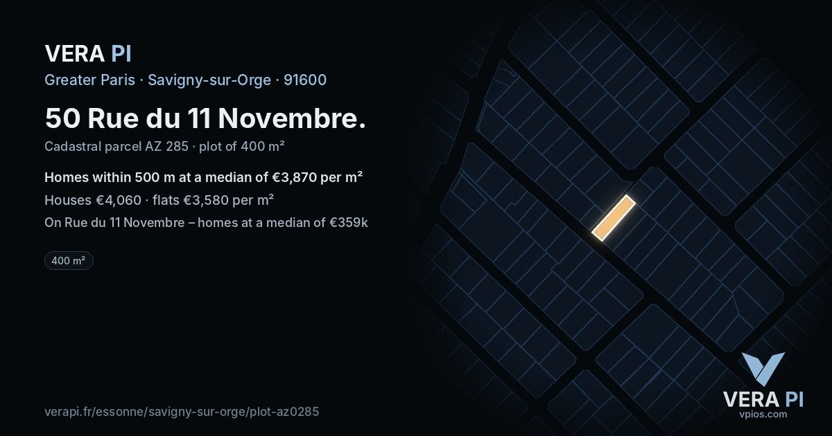 50 Rue du 11 Novembre, Savigny-sur-Orge at night – the plot lit, the parcels around coloured by the prices near them