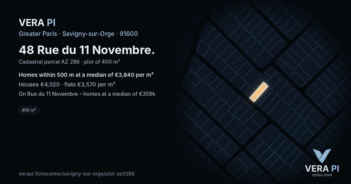 48 Rue du 11 Novembre, Savigny-sur-Orge at night – the plot lit, the parcels around coloured by the prices near them