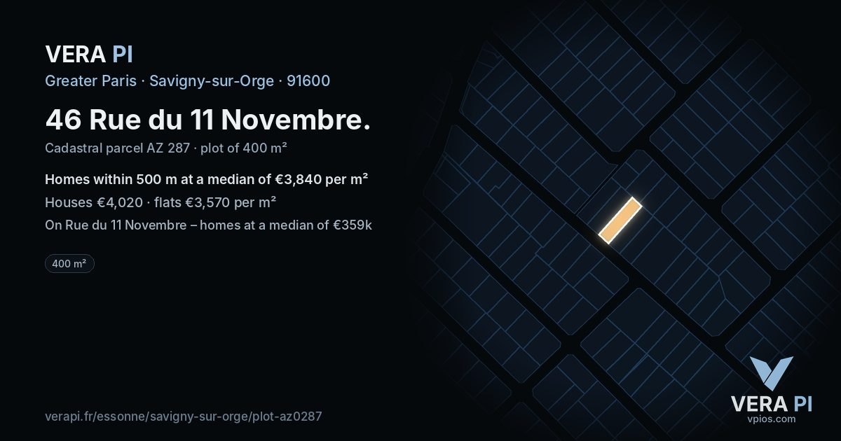 46 Rue du 11 Novembre, Savigny-sur-Orge at night – the plot lit, the parcels around coloured by the prices near them