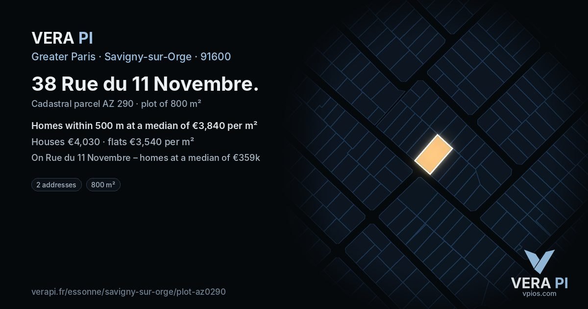 38 Rue du 11 Novembre, Savigny-sur-Orge at night – the plot lit, the parcels around coloured by the prices near them