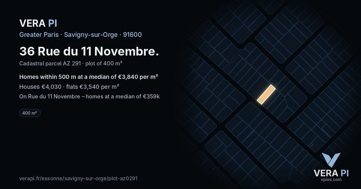 36 Rue du 11 Novembre, Savigny-sur-Orge at night – the plot lit, the parcels around coloured by the prices near them
