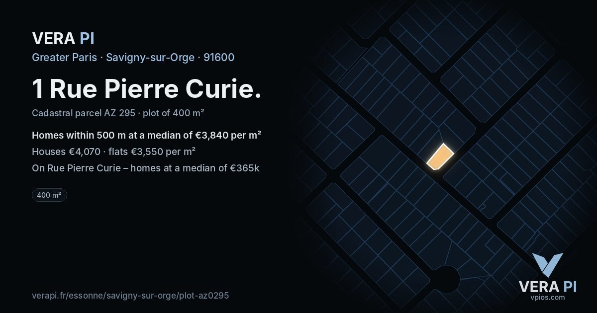 1 Rue Pierre Curie, Savigny-sur-Orge at night – the plot lit, the parcels around coloured by the prices near them