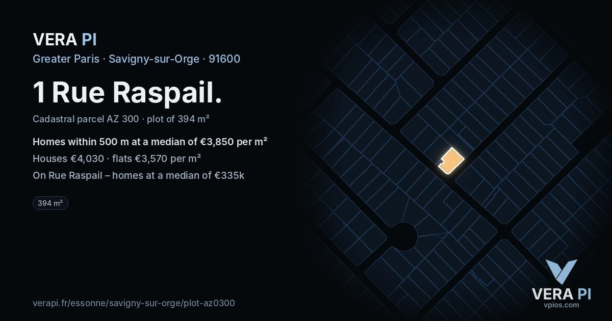1 Rue Raspail, Savigny-sur-Orge at night – the plot lit, the parcels around coloured by the prices near them