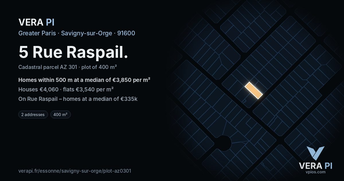 5 Rue Raspail, Savigny-sur-Orge at night – the plot lit, the parcels around coloured by the prices near them