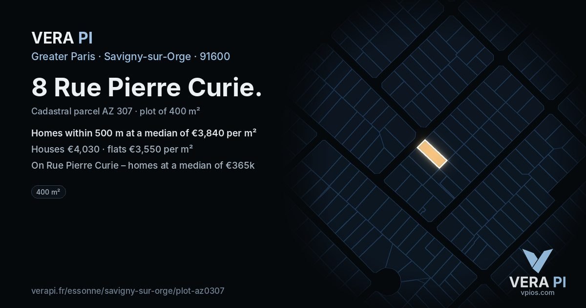 8 Rue Pierre Curie, Savigny-sur-Orge at night – the plot lit, the parcels around coloured by the prices near them