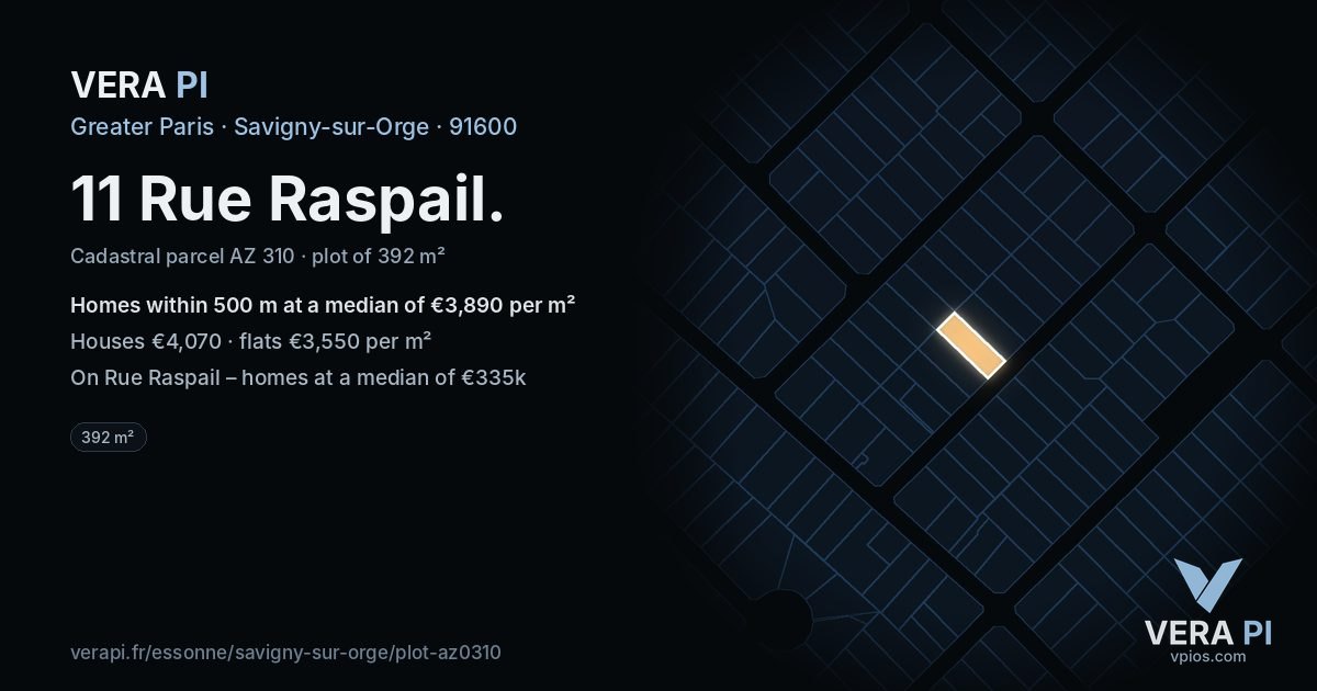 11 Rue Raspail, Savigny-sur-Orge at night – the plot lit, the parcels around coloured by the prices near them