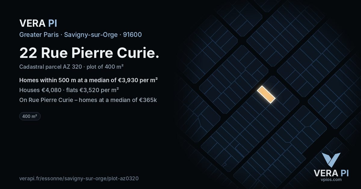 22 Rue Pierre Curie, Savigny-sur-Orge at night – the plot lit, the parcels around coloured by the prices near them