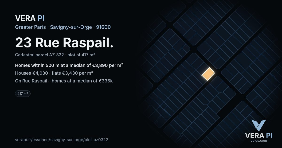 23 Rue Raspail, Savigny-sur-Orge at night – the plot lit, the parcels around coloured by the prices near them
