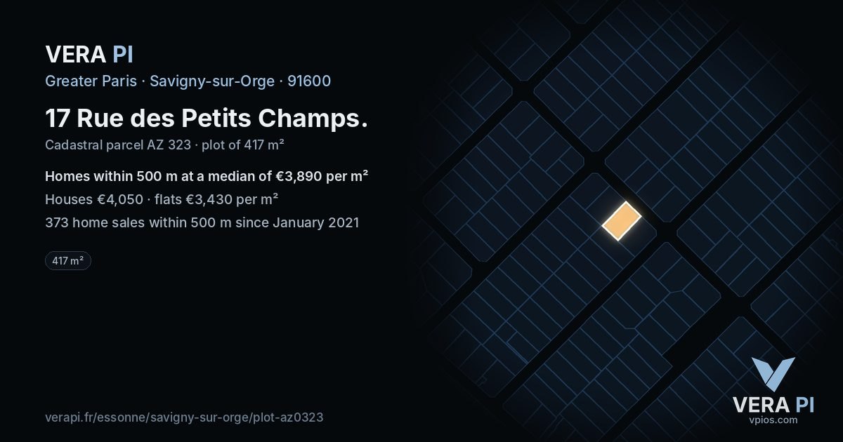 17 Rue des Petits Champs, Savigny-sur-Orge at night – the plot lit, the parcels around coloured by the prices near them