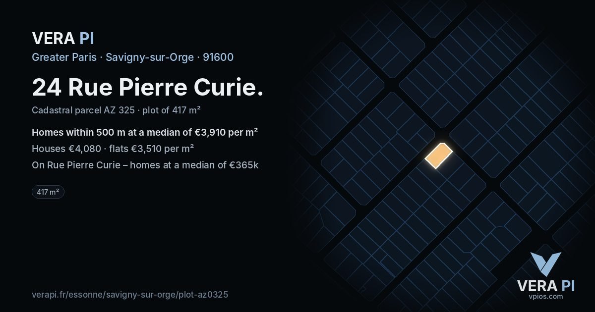 24 Rue Pierre Curie, Savigny-sur-Orge at night – the plot lit, the parcels around coloured by the prices near them
