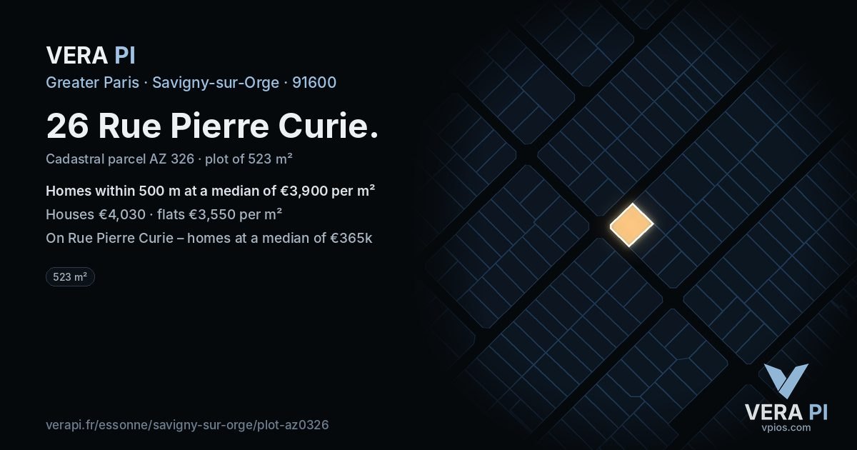 26 Rue Pierre Curie, Savigny-sur-Orge at night – the plot lit, the parcels around coloured by the prices near them