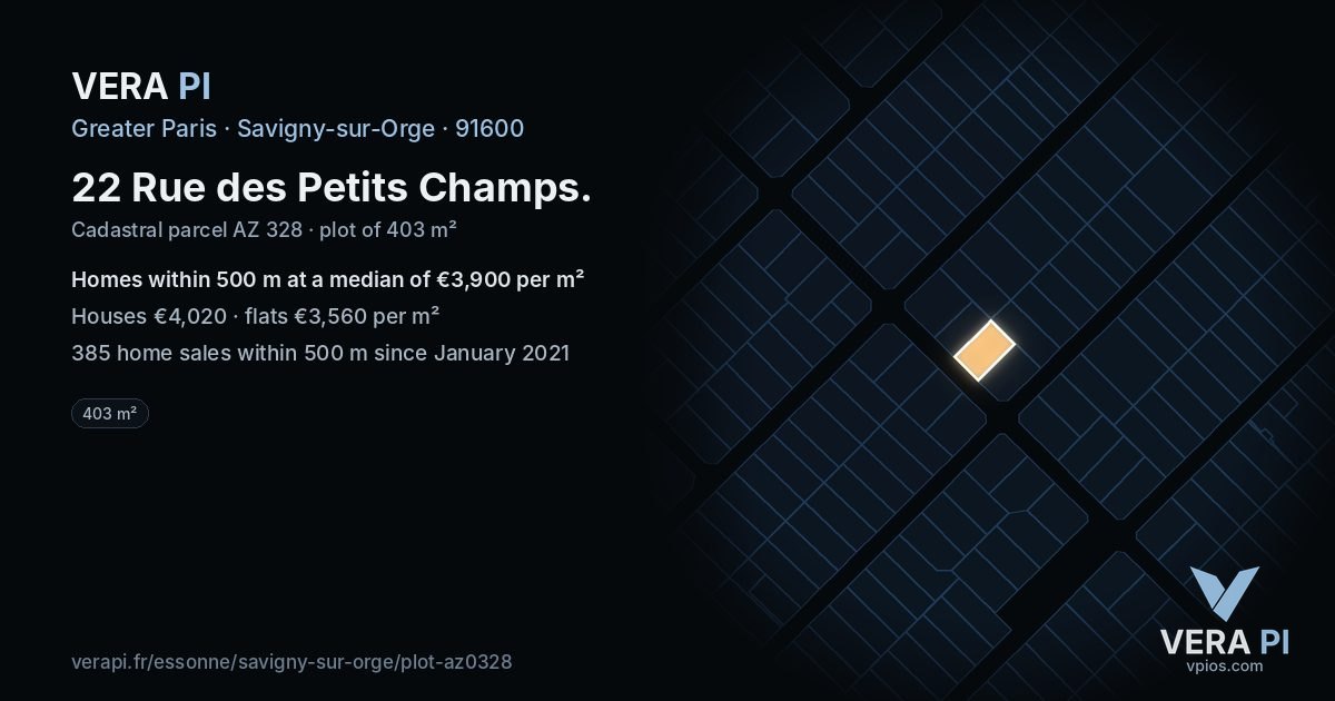 22 Rue des Petits Champs, Savigny-sur-Orge at night – the plot lit, the parcels around coloured by the prices near them