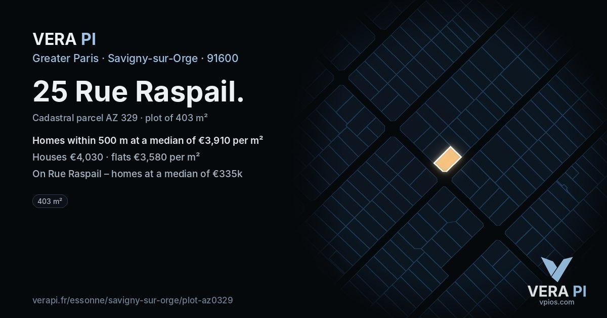 25 Rue Raspail, Savigny-sur-Orge at night – the plot lit, the parcels around coloured by the prices near them