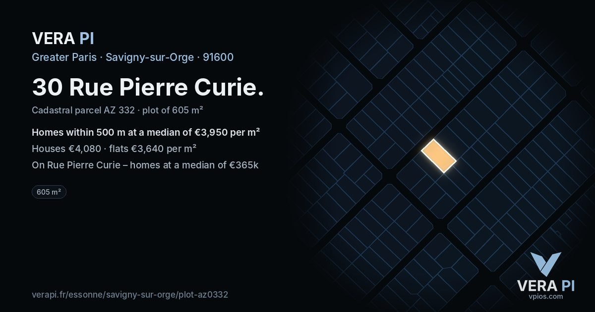30 Rue Pierre Curie, Savigny-sur-Orge at night – the plot lit, the parcels around coloured by the prices near them