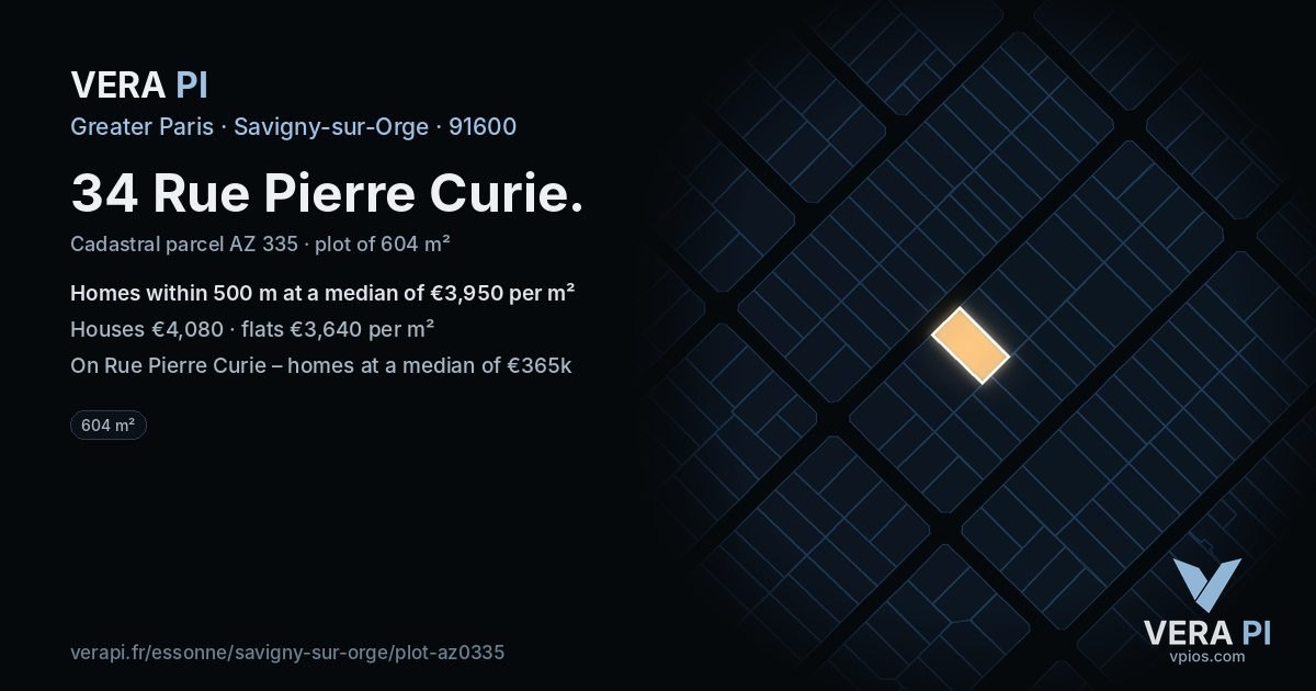 34 Rue Pierre Curie, Savigny-sur-Orge at night – the plot lit, the parcels around coloured by the prices near them
