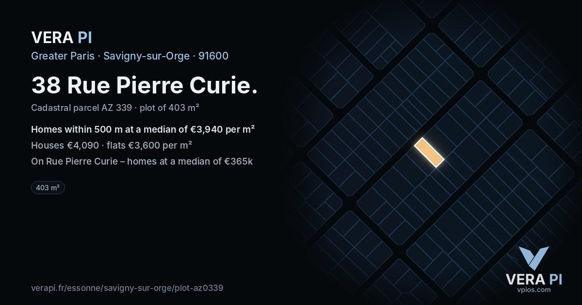 38 Rue Pierre Curie, Savigny-sur-Orge at night – the plot lit, the parcels around coloured by the prices near them