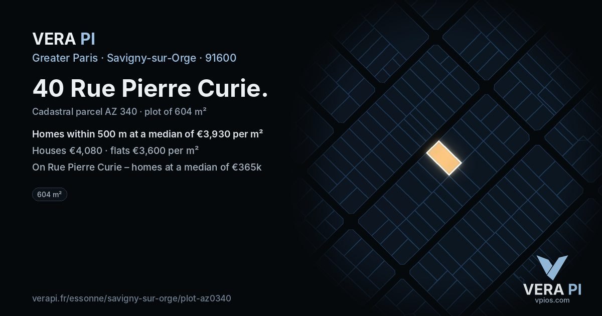 40 Rue Pierre Curie, Savigny-sur-Orge at night – the plot lit, the parcels around coloured by the prices near them