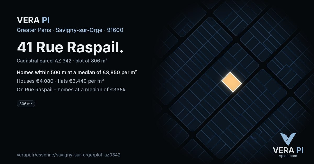 41 Rue Raspail, Savigny-sur-Orge at night – the plot lit, the parcels around coloured by the prices near them