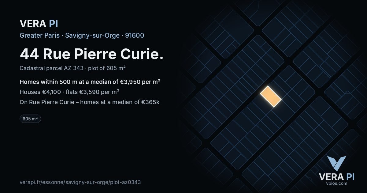 44 Rue Pierre Curie, Savigny-sur-Orge at night – the plot lit, the parcels around coloured by the prices near them