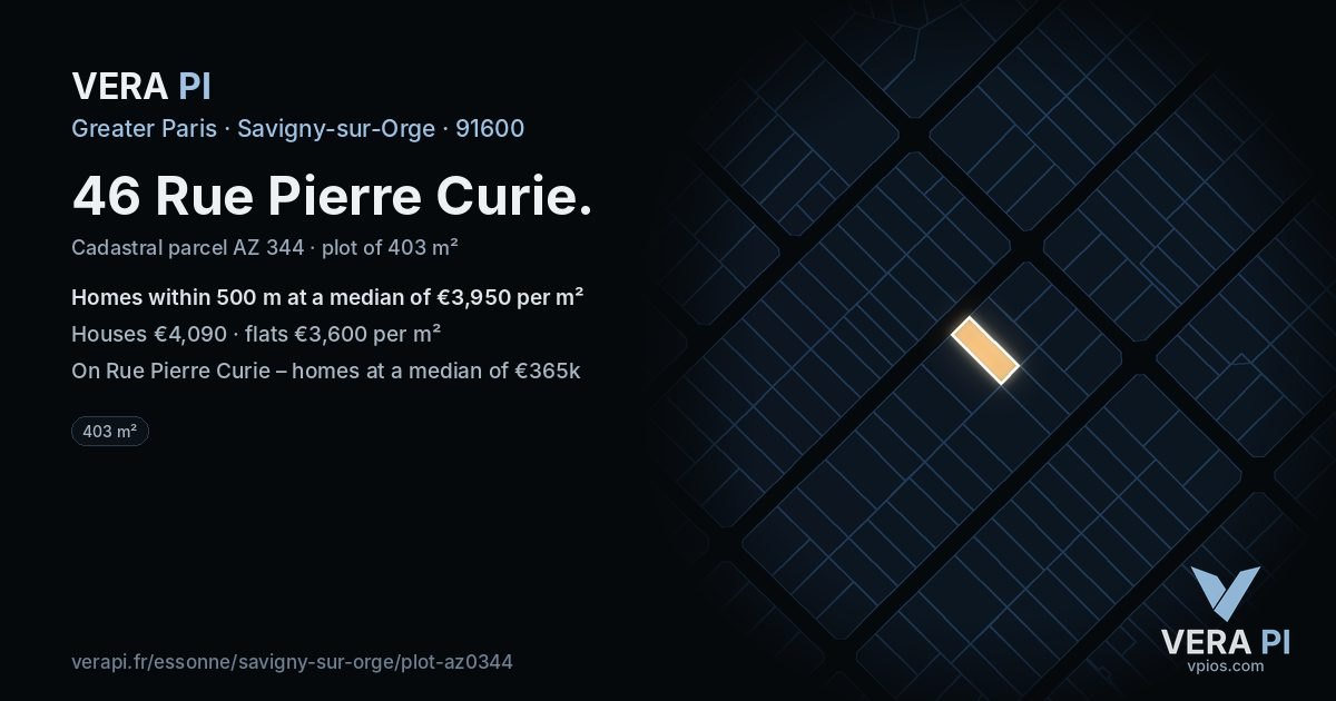 46 Rue Pierre Curie, Savigny-sur-Orge at night – the plot lit, the parcels around coloured by the prices near them