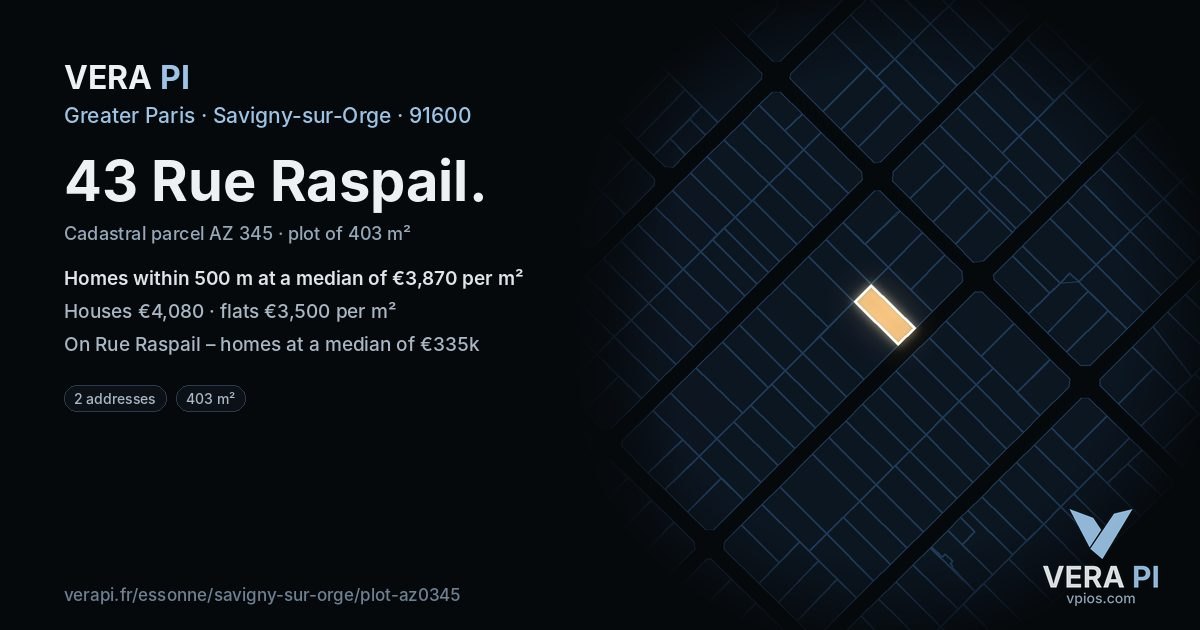43 Rue Raspail, Savigny-sur-Orge at night – the plot lit, the parcels around coloured by the prices near them