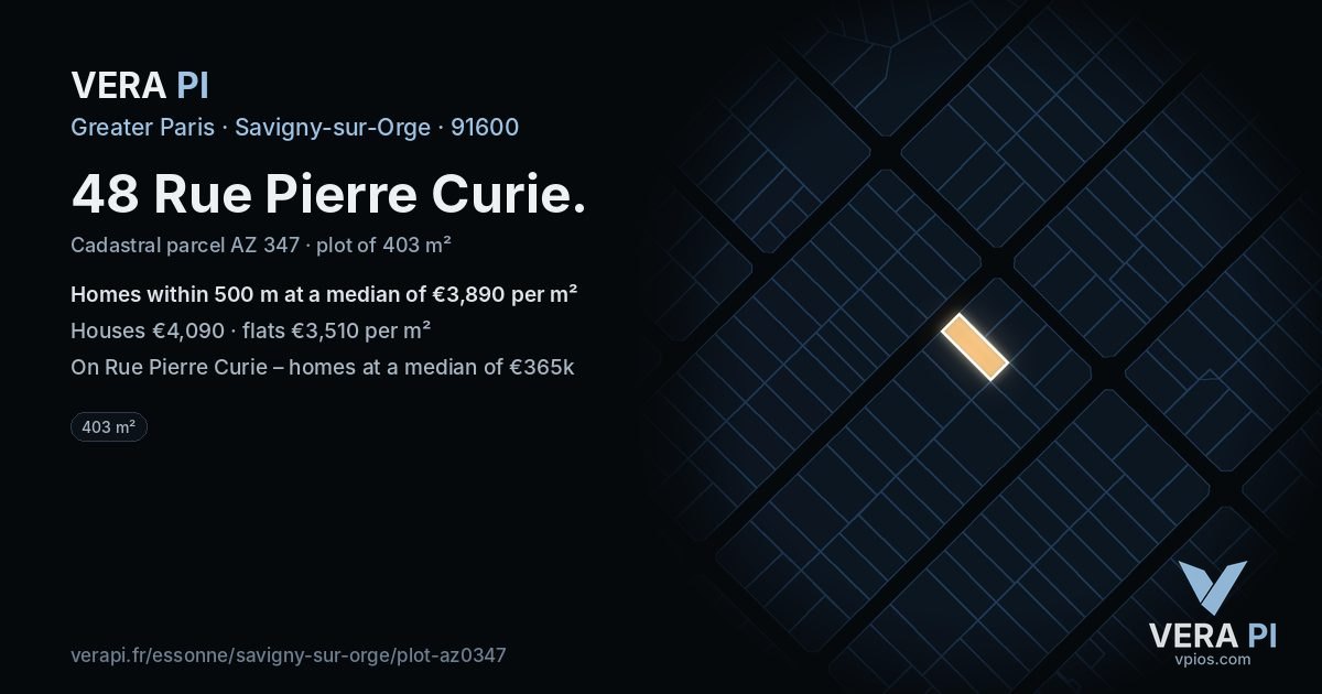 48 Rue Pierre Curie, Savigny-sur-Orge at night – the plot lit, the parcels around coloured by the prices near them