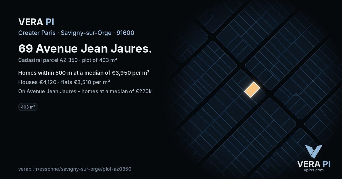 69 Avenue Jean Jaures, Savigny-sur-Orge at night – the plot lit, the parcels around coloured by the prices near them