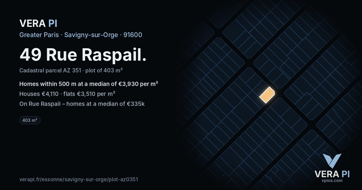 49 Rue Raspail, Savigny-sur-Orge at night – the plot lit, the parcels around coloured by the prices near them