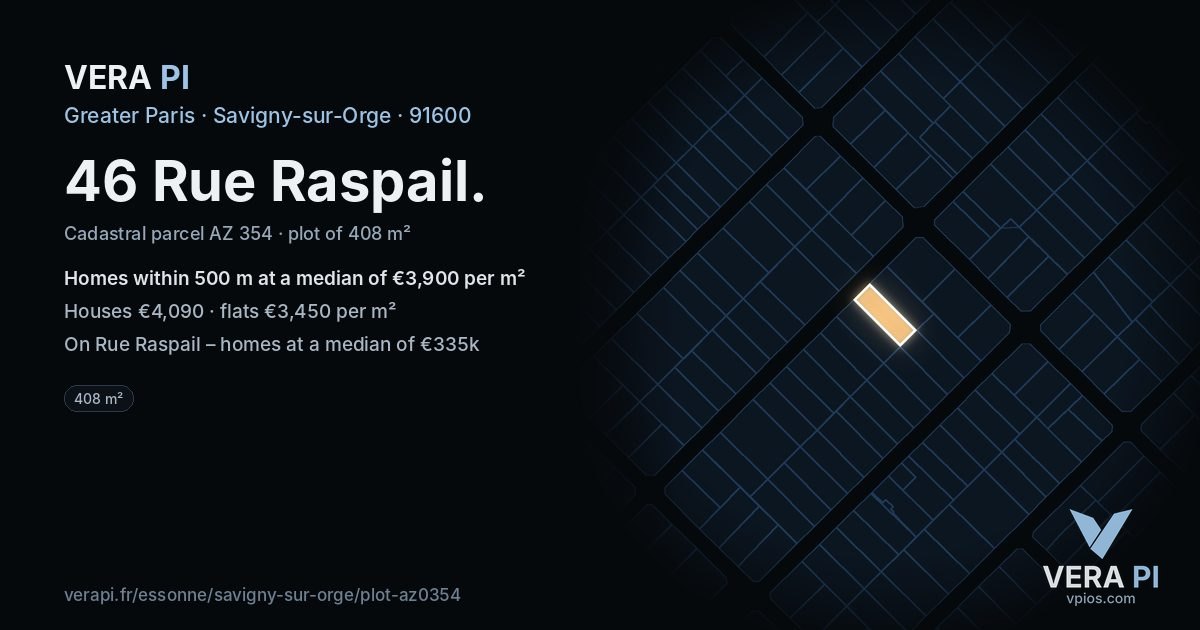 46 Rue Raspail, Savigny-sur-Orge at night – the plot lit, the parcels around coloured by the prices near them