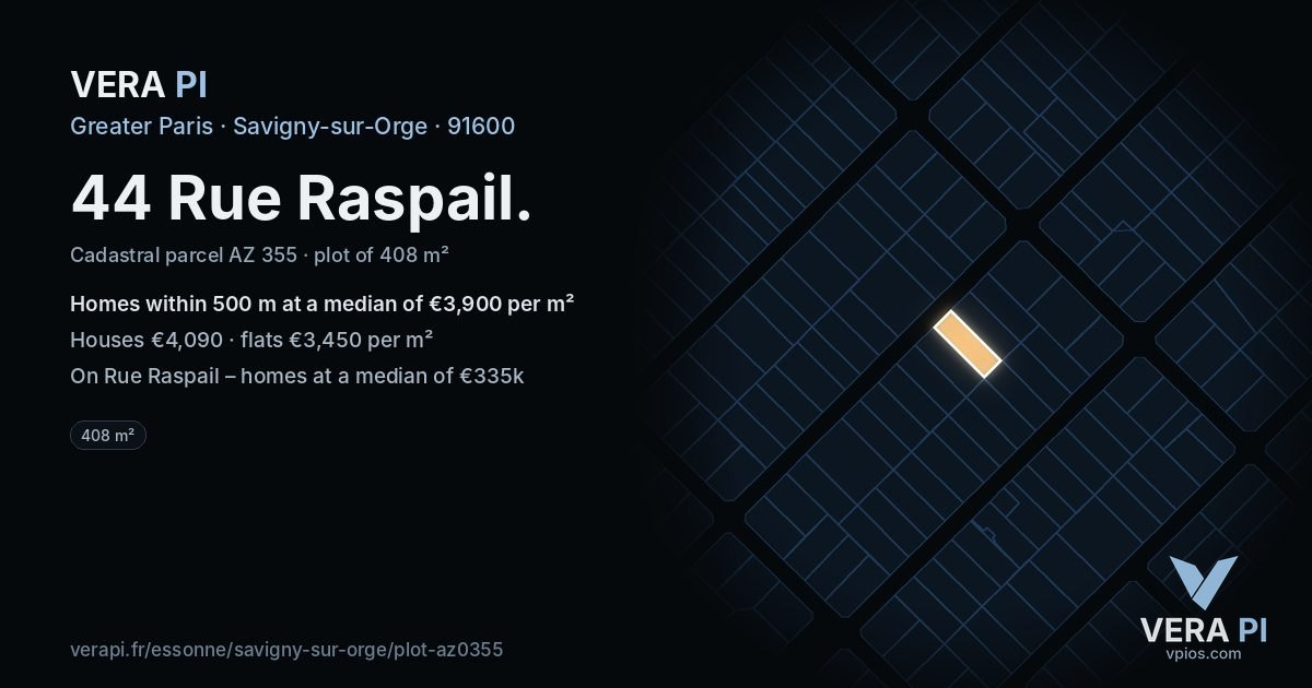 44 Rue Raspail, Savigny-sur-Orge at night – the plot lit, the parcels around coloured by the prices near them