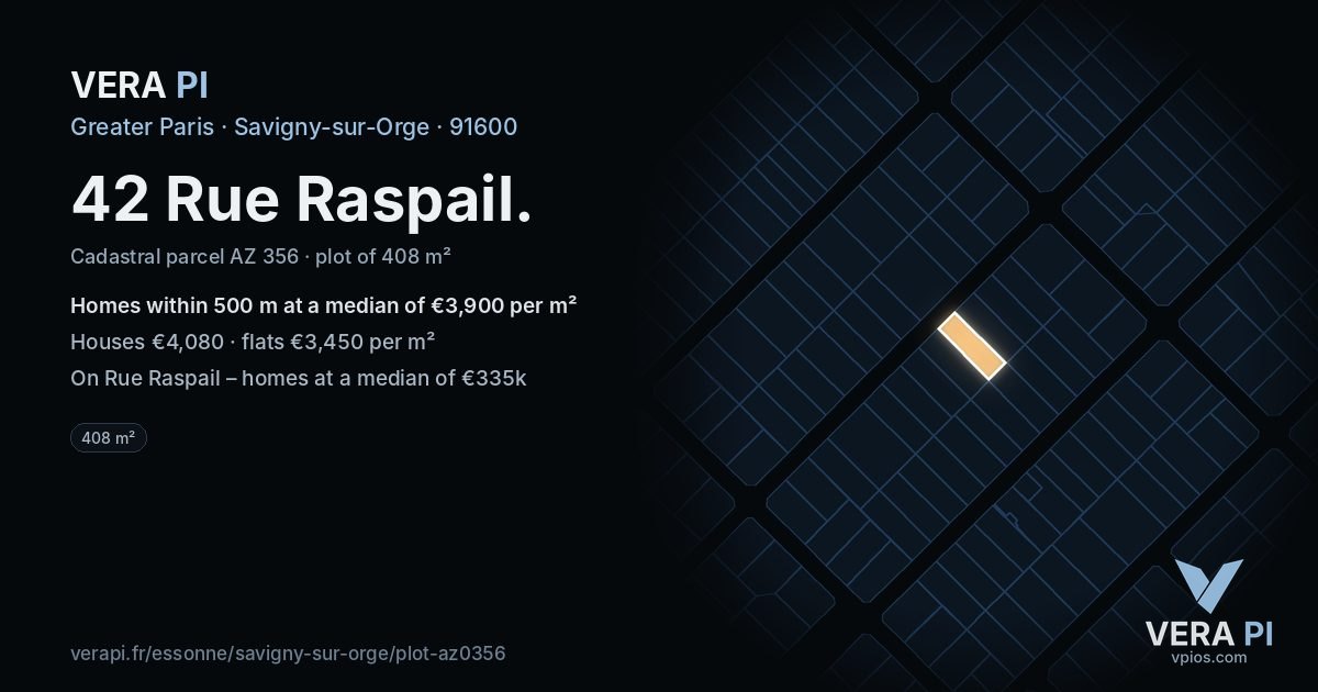 42 Rue Raspail, Savigny-sur-Orge at night – the plot lit, the parcels around coloured by the prices near them