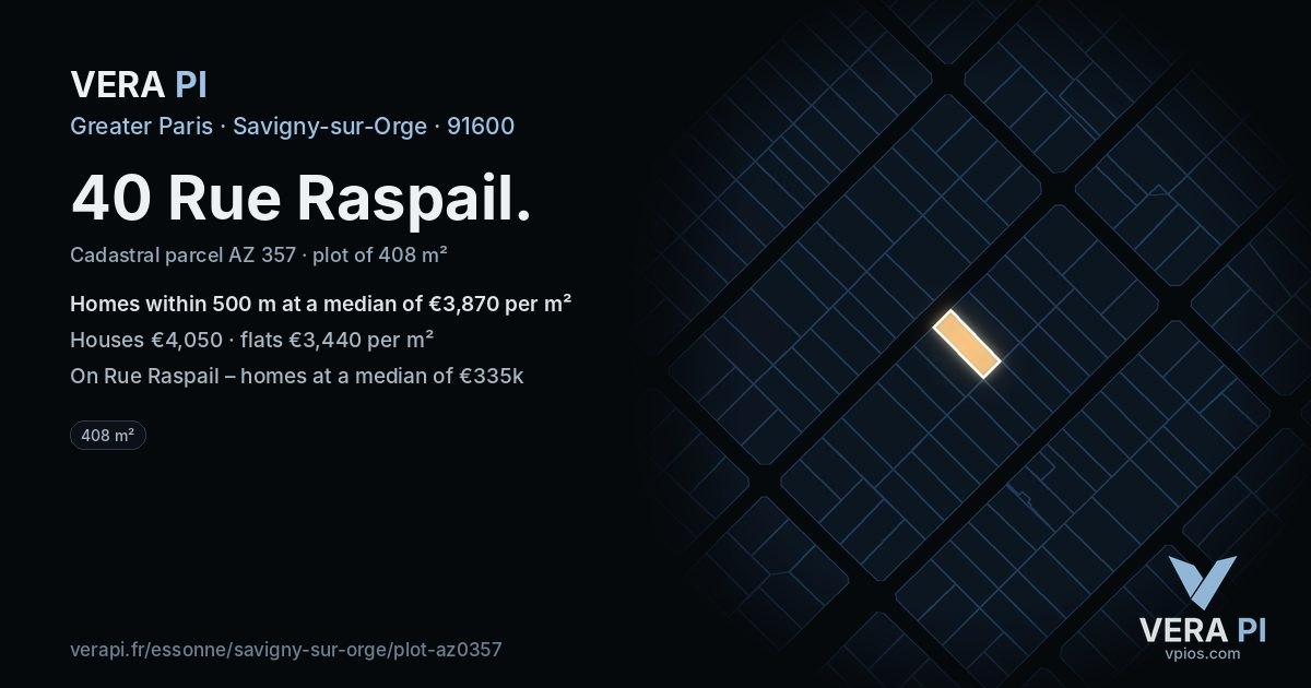 40 Rue Raspail, Savigny-sur-Orge at night – the plot lit, the parcels around coloured by the prices near them