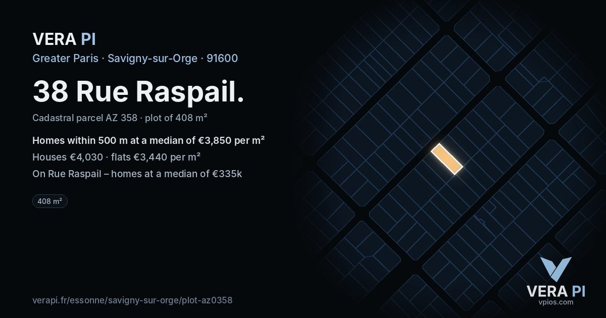 38 Rue Raspail, Savigny-sur-Orge at night – the plot lit, the parcels around coloured by the prices near them