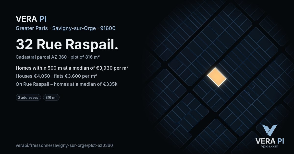 32 Rue Raspail, Savigny-sur-Orge at night – the plot lit, the parcels around coloured by the prices near them