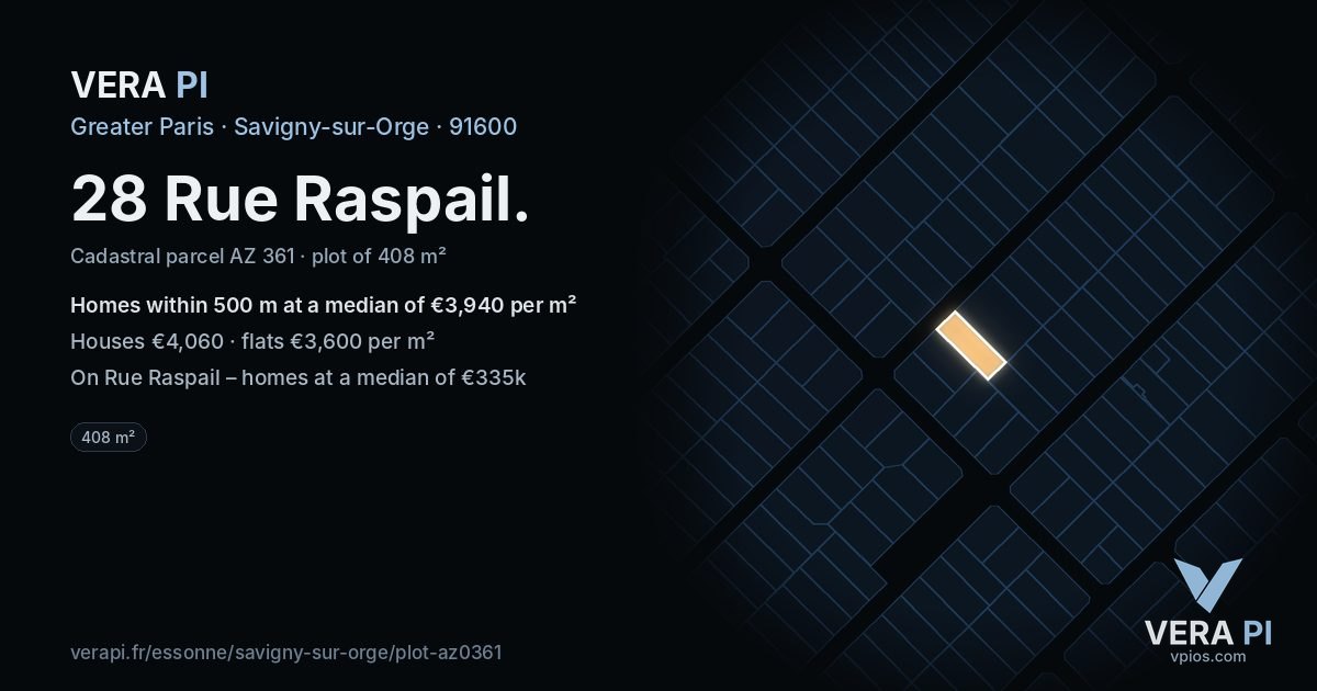 28 Rue Raspail, Savigny-sur-Orge at night – the plot lit, the parcels around coloured by the prices near them