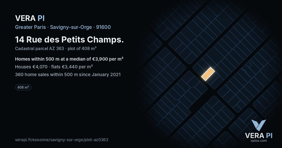 14 Rue des Petits Champs, Savigny-sur-Orge at night – the plot lit, the parcels around coloured by the prices near them