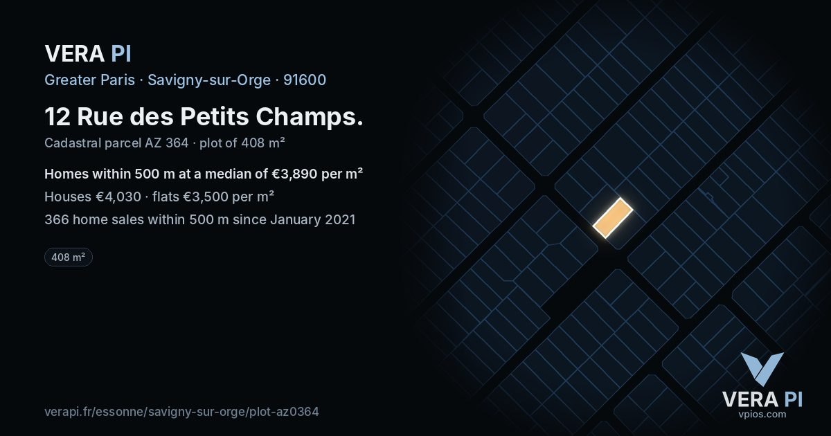 12 Rue des Petits Champs, Savigny-sur-Orge at night – the plot lit, the parcels around coloured by the prices near them